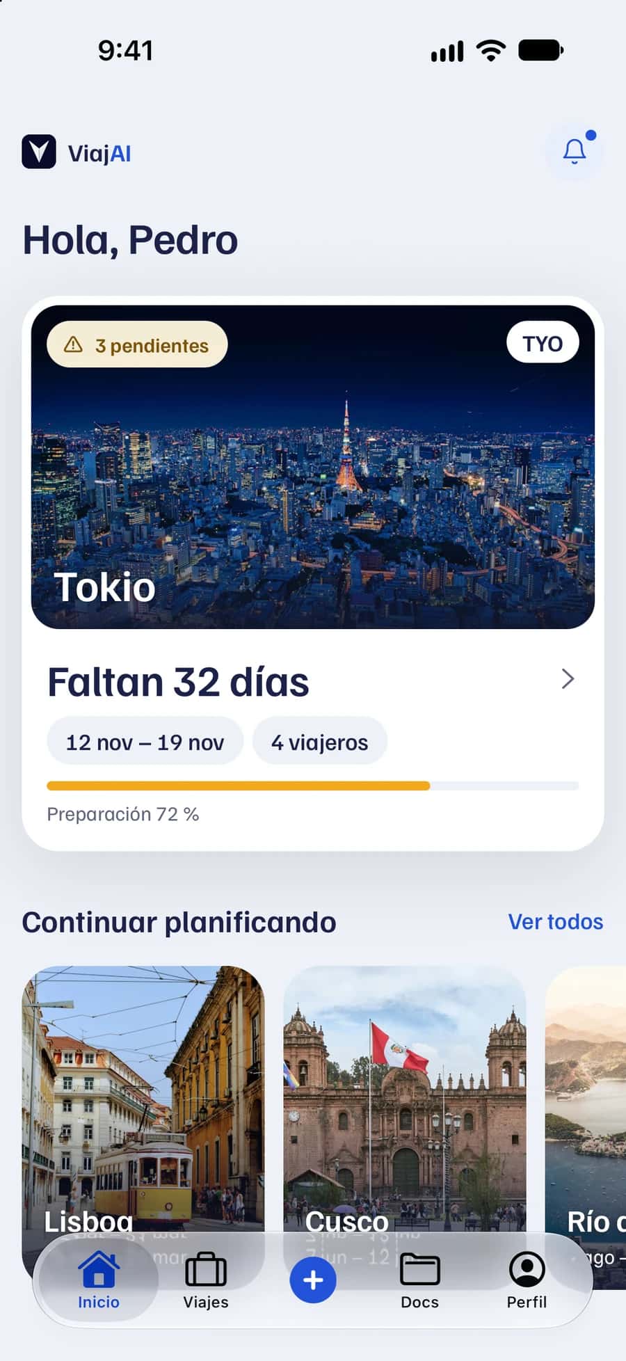 Inicio de ViajAI: próximo viaje a Tokio con 4 viajeros y otros viajes a Lisboa, Cusco y Río de Janeiro.