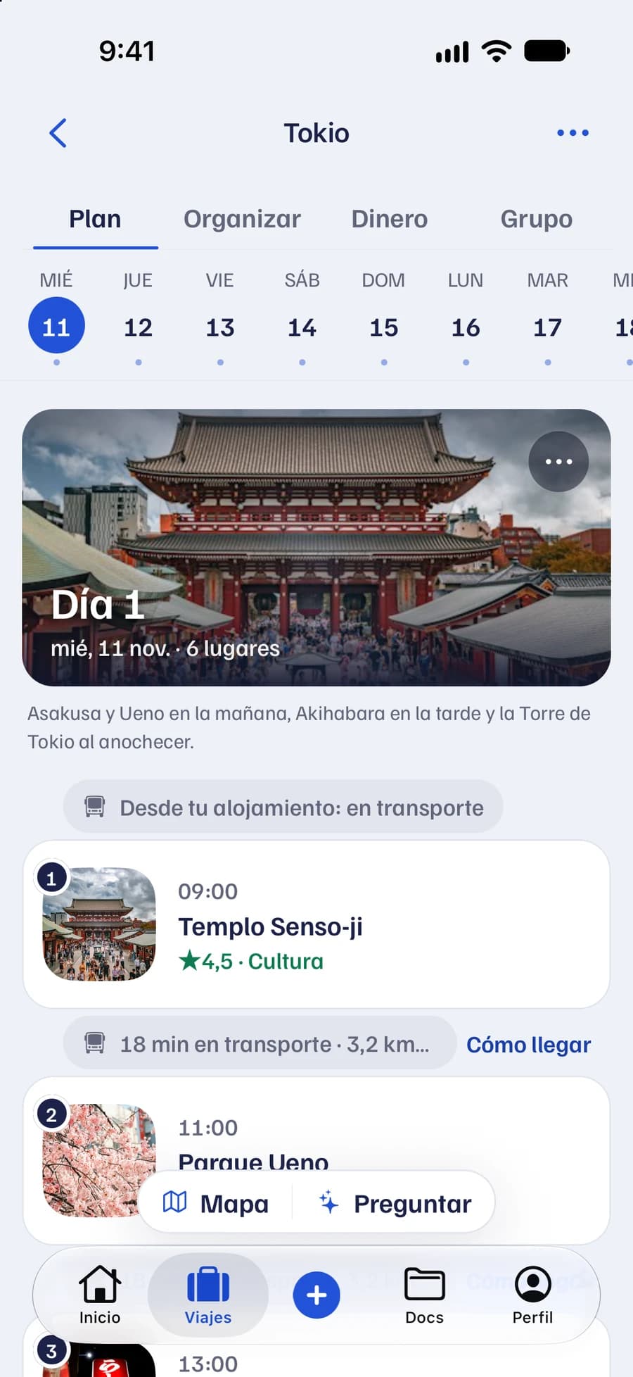 Itinerario de Tokio, día 1: Templo Senso-ji a las 9:00, Parque Ueno a las 11:00 y ramen en Ueno a las 13:00, con 18 minutos de traslado entre cada uno.