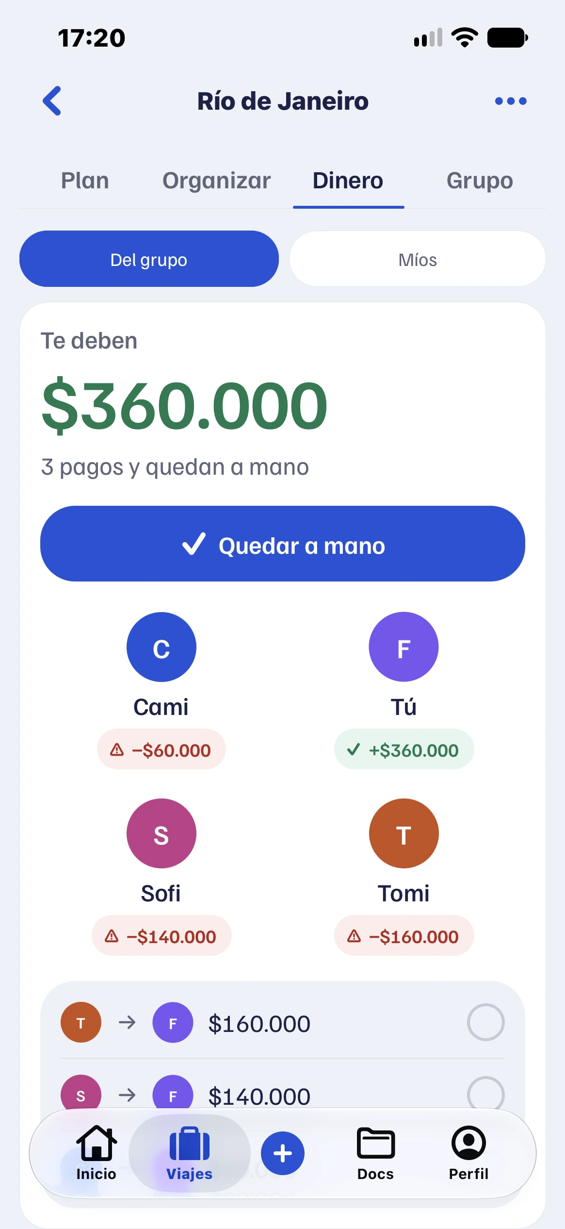 Dinero del viaje: te deben $360.000, con los saldos de Cami, Sofi y Tomi y el botón Quedar a mano.