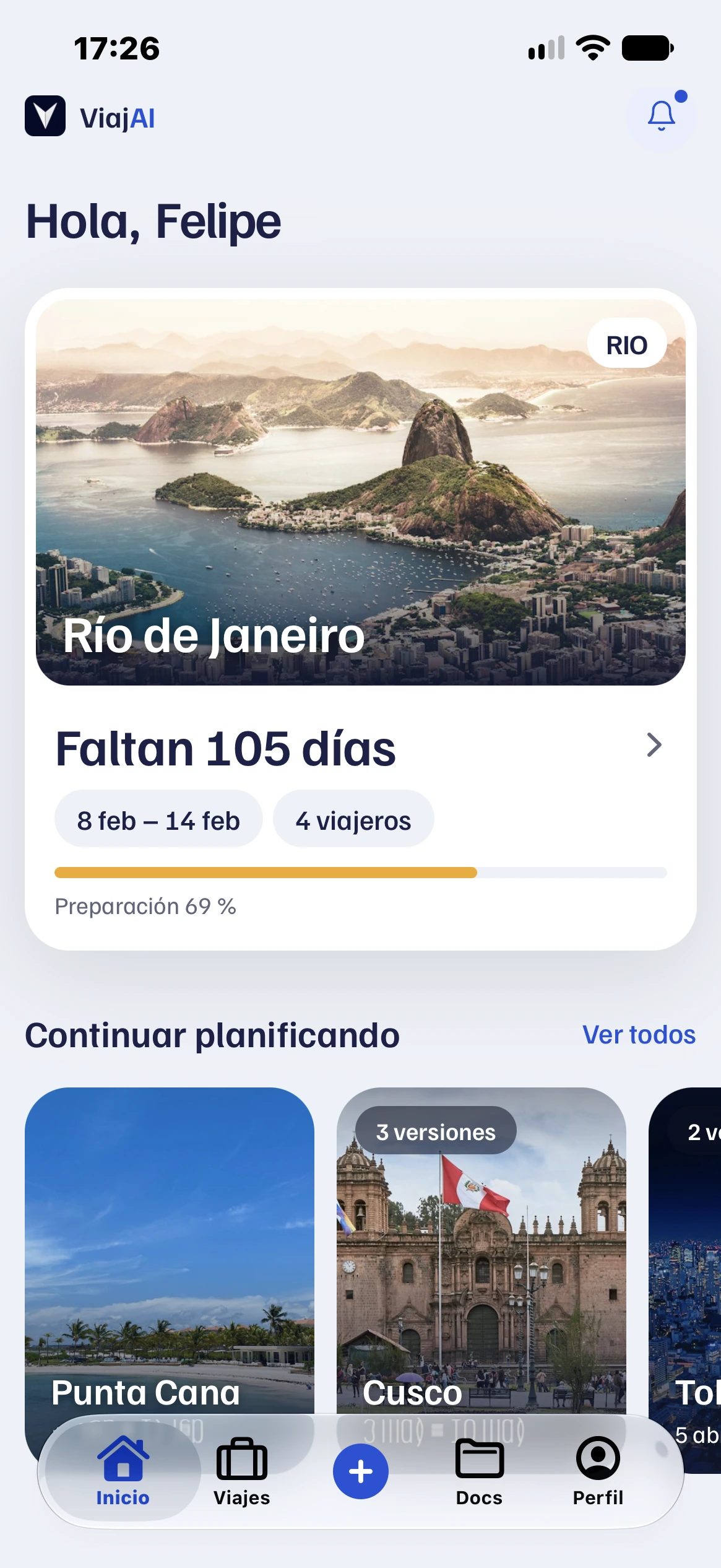 Inicio de ViajAI: faltan 105 días para el viaje a Río de Janeiro con 4 viajeros, y otros viajes a Punta Cana, Cusco y Tokio.